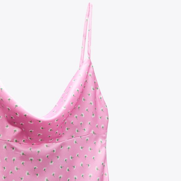Zara Satin Barbie Pink Floral Cowl Neck Slip Dress - Picture 4 of 12